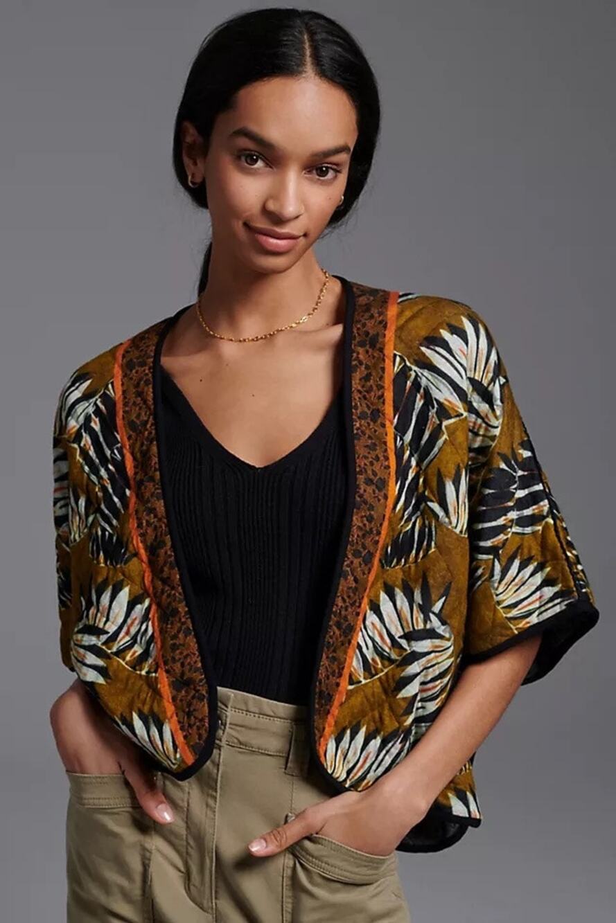 Anthropologie Florina Quilted Kimono Wrap Jacket Olive Botanical Leaf Open Front